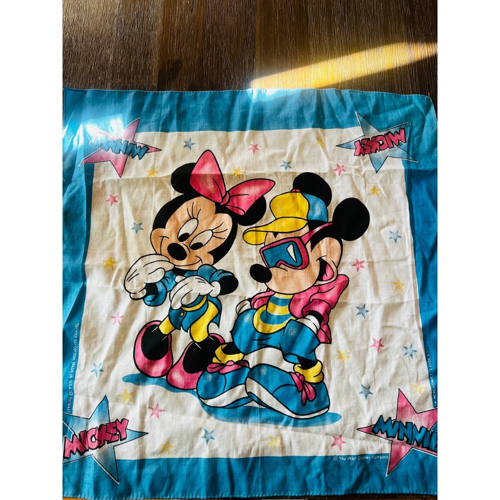 Vintage Disney Mickey Minnie Mouse Bandana 90s Retro Stars Blue Pink Made in USA
